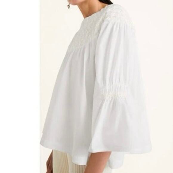 MERLETTE Opheis White Tonal Cream/Ivory Embroidery Smocked Blouse Sz Extra Small - Picture 2 of 10
